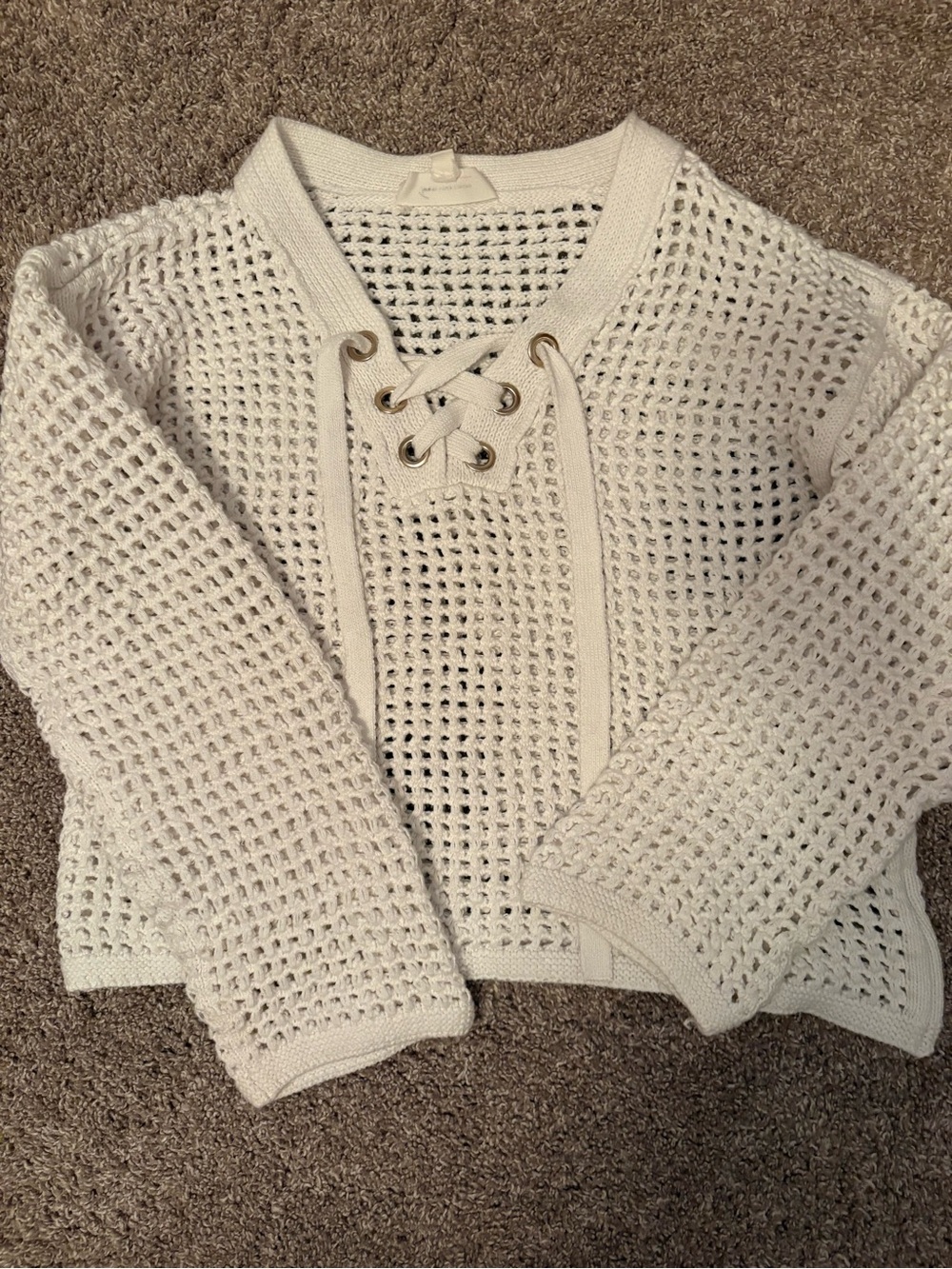 Vince Camuto Cream Open-Knit Lace-Up V-Neck Sweater